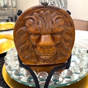 TIMMY WOODS Wooden Carved Lion Bag NWT
